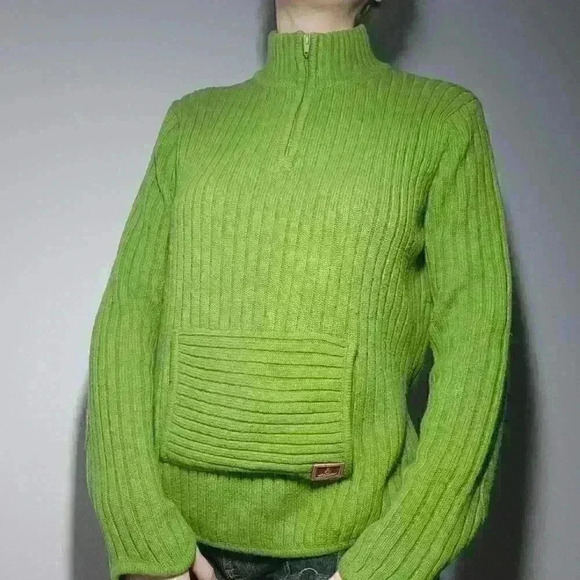 Vintage 90s / Y2K apple green knit acrylic high neck quarter zip-up sweater - Picture 4 of 13